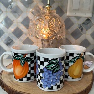Vintage Fruit & Checkered Mug Set – Pear, Grape, and Orange